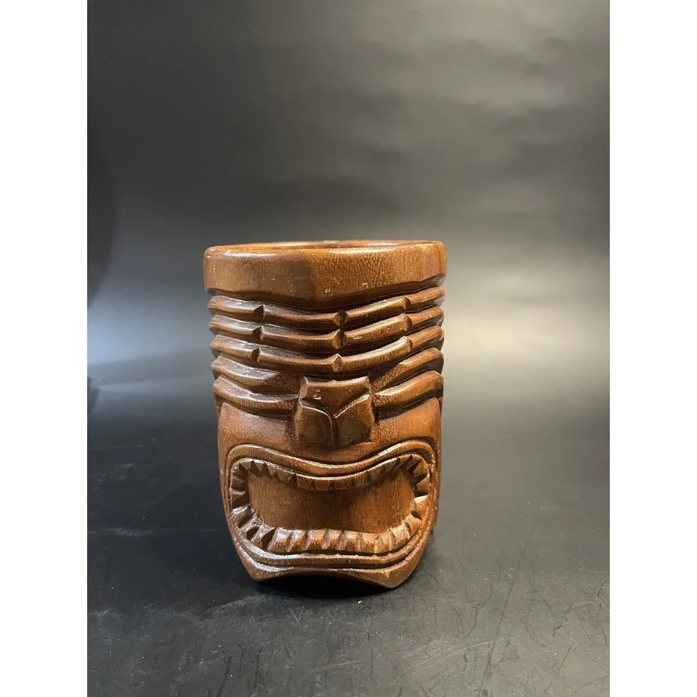 Vintage TIKI Mug Hand Carved Wood- From The Phillipines - Handled Cup